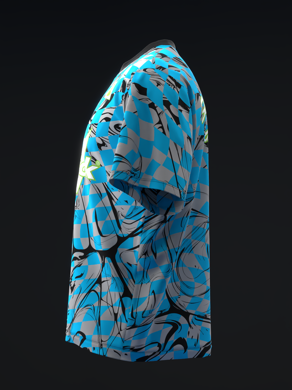 Bright blue bowling jersey with black abstract swirl pattern and checkered design, side view