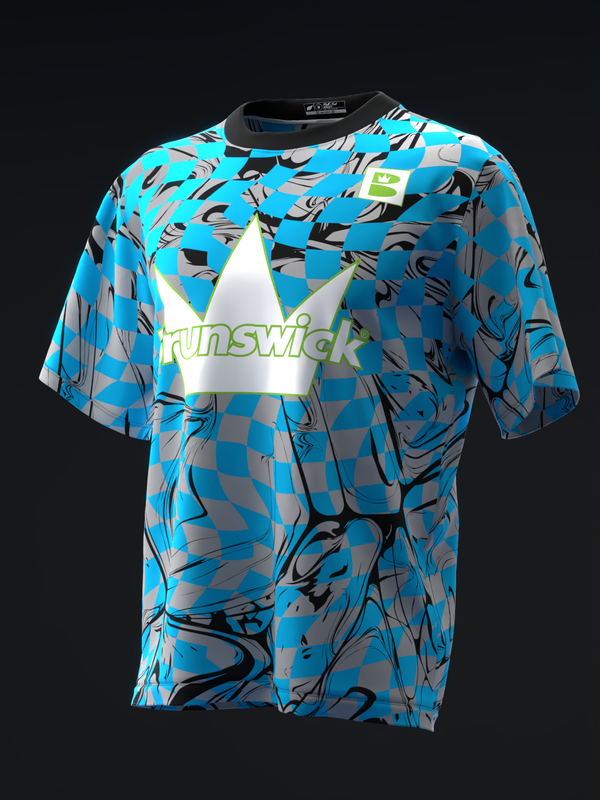 Brunswick bowling jersey with blue abstract pattern and white star logo, front view
