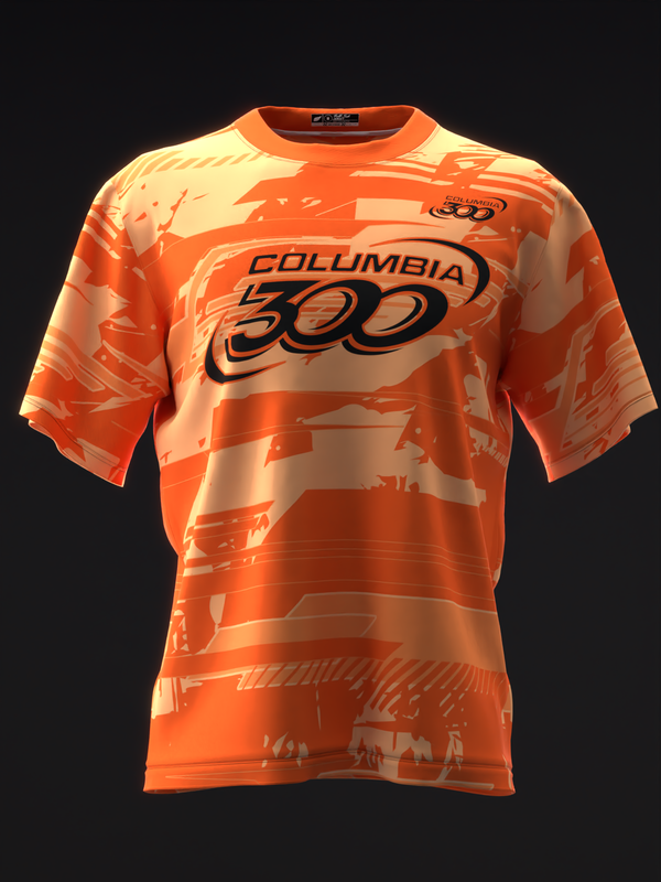 Orange bowling jersey with Columbia 300 logo and abstract geometric pattern design, front view