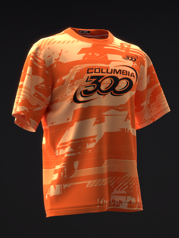 Orange bowling jersey with Columbia 300 logo and abstract graphic design, front view