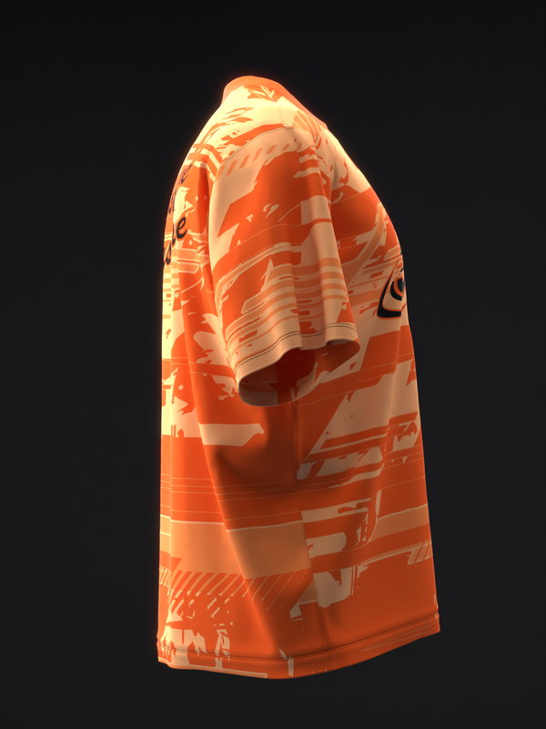 Orange bowling jersey with abstract geometric design, side view displayed on form