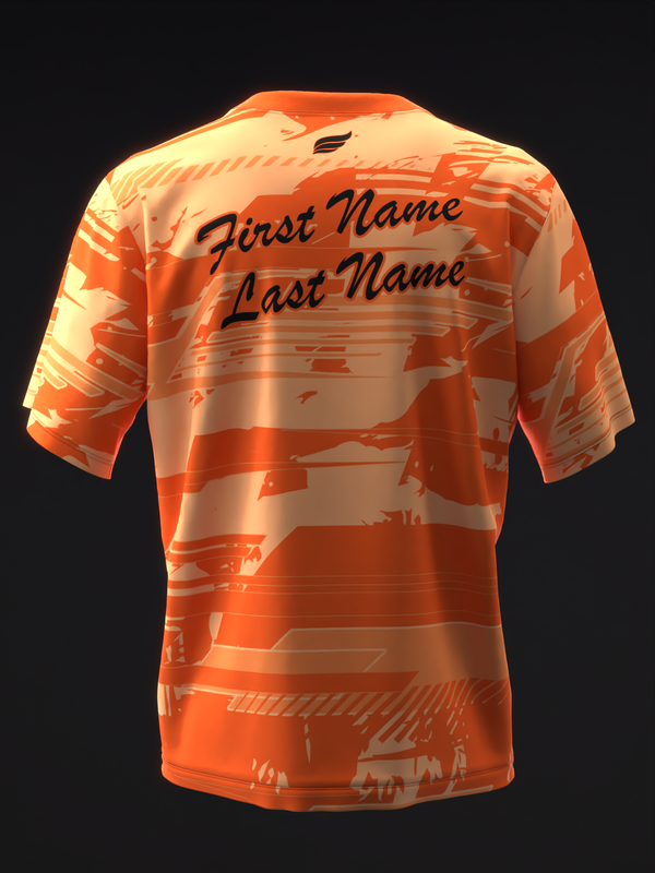 Orange bowling jersey with abstract geometric pattern and personalized name placement on back