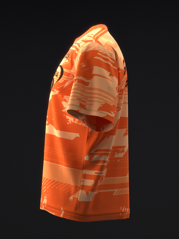 Orange bowling jersey with abstract geometric pattern, side view
