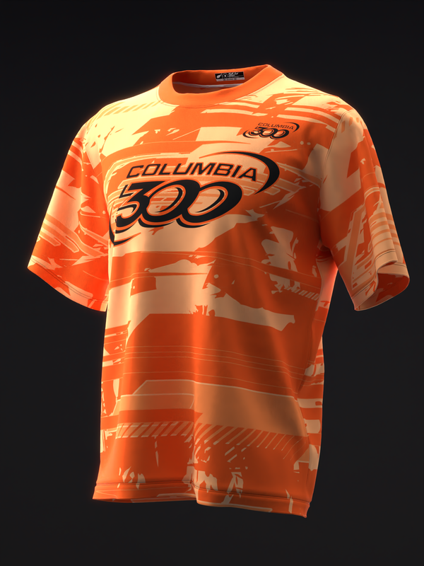 Orange bowling jersey with Columbia 300 branding and abstract pattern design, front view