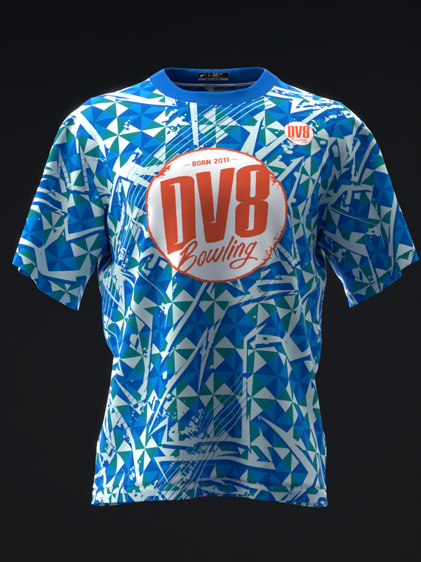 Blue bowling jersey with geometric pattern and white DV8 Bowling circle logo front view