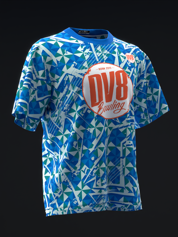 Blue and white geometric patterned bowling jersey with red DV8 logo circle