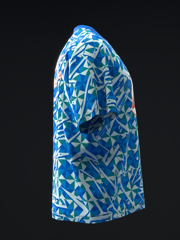 Blue and white geometric patterned bowling jersey, side view