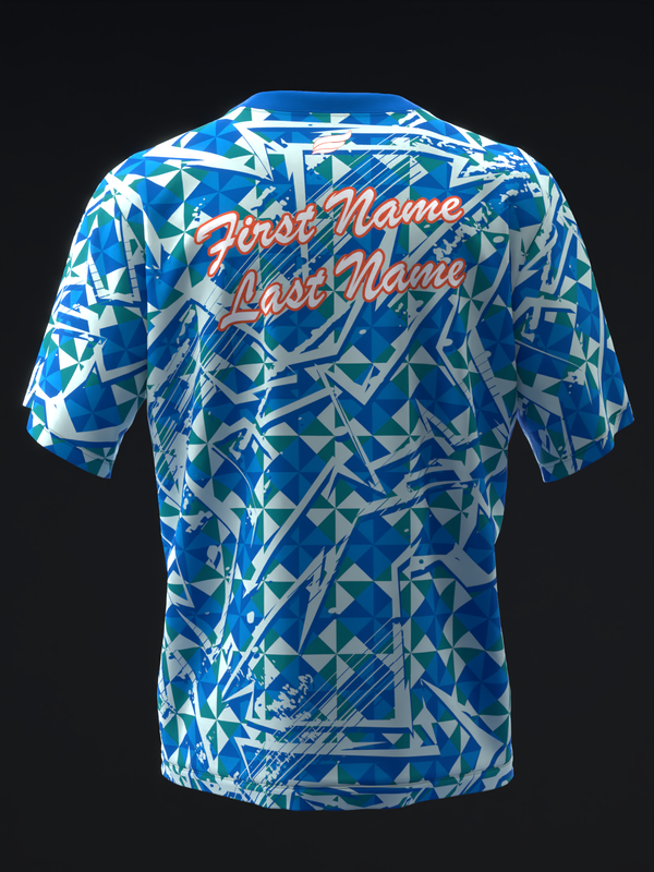Blue and white geometric bowling jersey with red personalization text on back