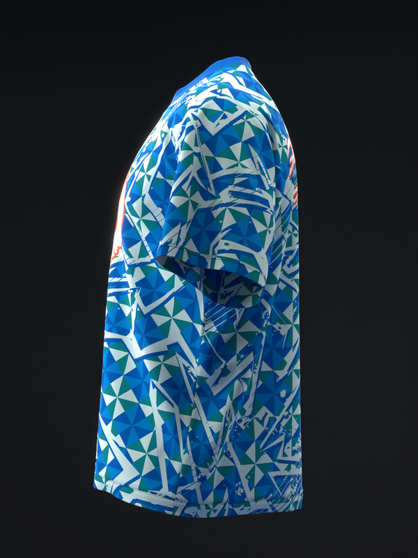 Blue and white bowling jersey with geometric triangle pattern, side view