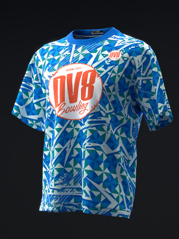 Blue bowling jersey with geometric pattern and red DV8 logo circle on front