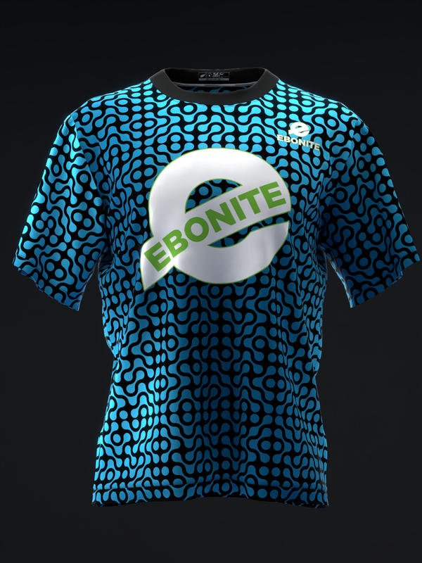 Cyan and black abstract geometric patterned bowling jersey with Ebonite logo, front view