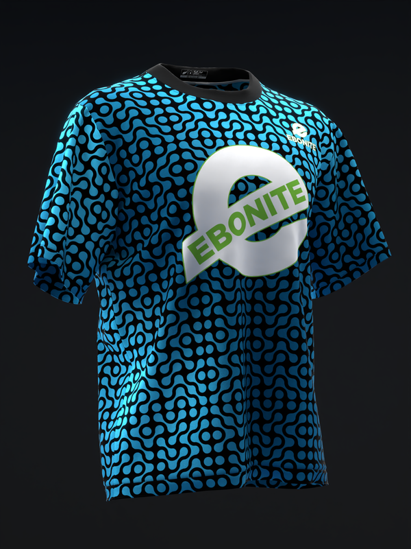 Bright turquoise bowling jersey with black abstract pattern and Ebonite logo graphic, front view
