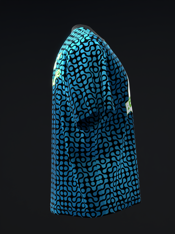 Bowling jersey in bright cyan with dark abstract geometric pattern, side view