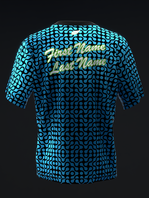 Cyan and navy bowling jersey with abstract geometric pattern and gold script text, back view
