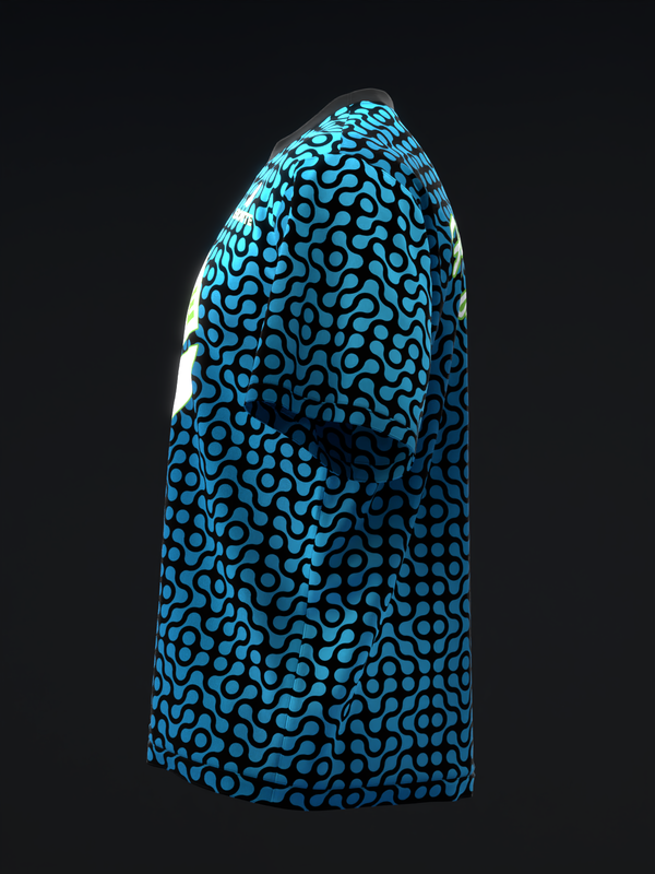 Cyan and black abstract geometric patterned bowling jersey, side view