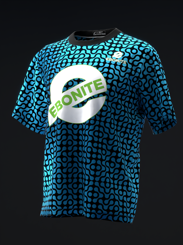 Cyan and black patterned bowling jersey with white Ebonite logo graphic, front view