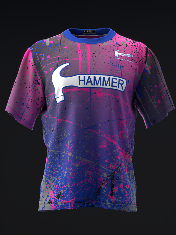 Front view Hammer bowling jersey with pink and blue splatter paint effect design