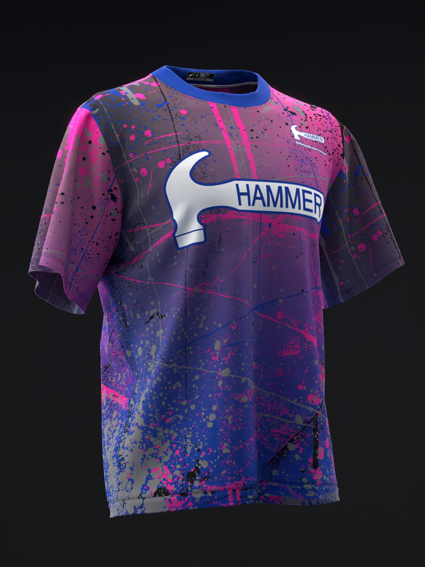 Purple bowling jersey with Hammer logo and colorful paint splatter design throughout