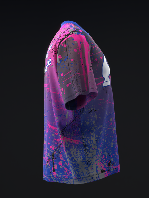 Pink and blue bowling jersey with abstract splatter and paint effect design, side view