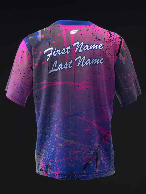 Bowling jersey back view with pink and blue splatter pattern and personalization text