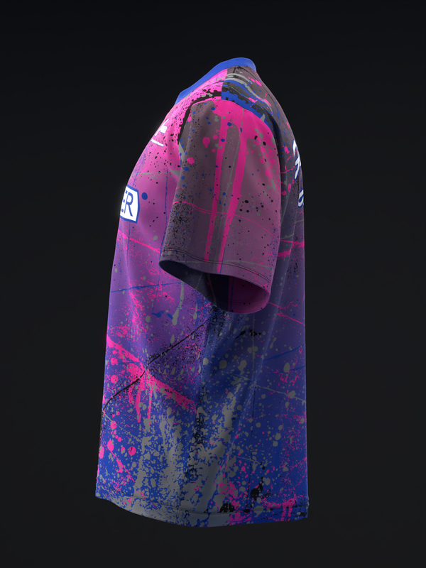 Pink and blue bowling jersey with splatter paint design, side view