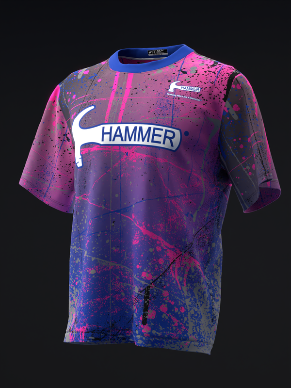 Hammer bowling jersey with purple and magenta splatter pattern, blue neckline, front view