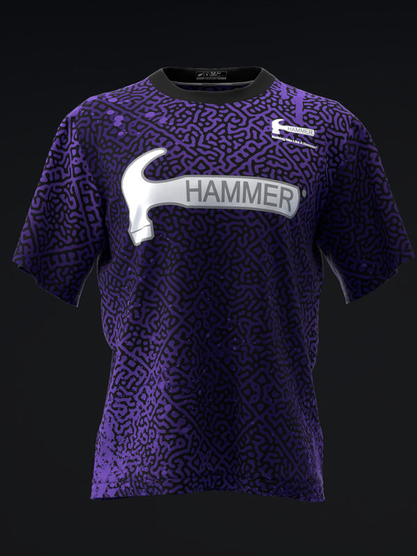 Purple bowling jersey with abstract geometric pattern and Hammer logo on front