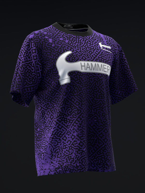 Purple bowling jersey with hammer logo graphic and all-over textured pattern