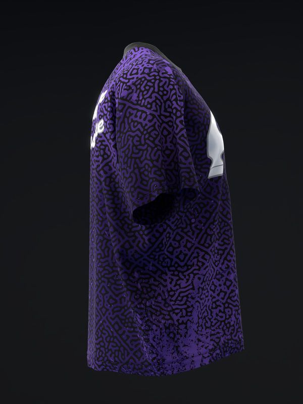 Purple bowling jersey with abstract geometric maze pattern, side view
