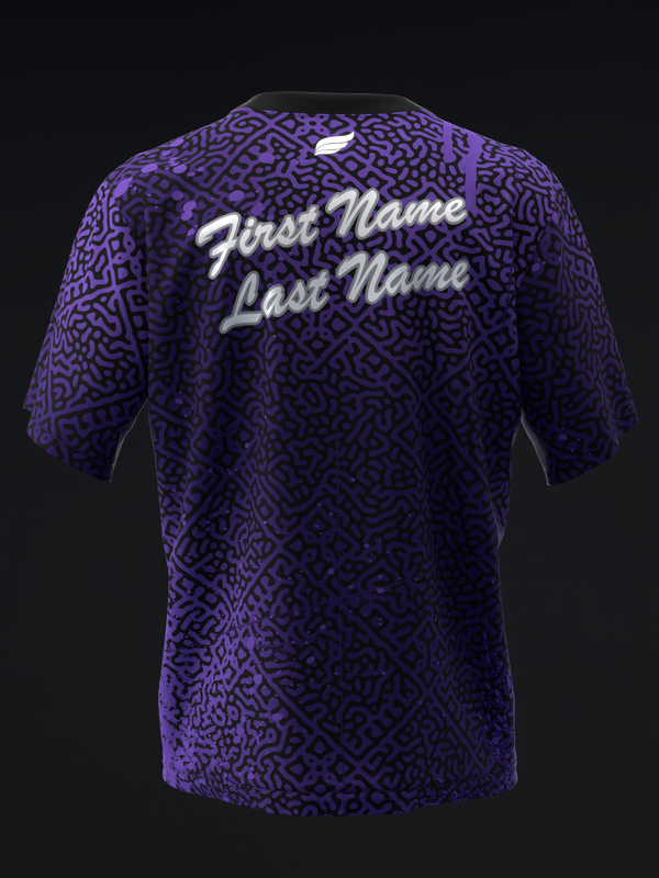 Purple bowling jersey with black geometric pattern and white personalization text on back