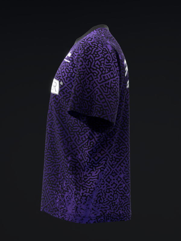 Purple bowling jersey with black abstract maze pattern, side view