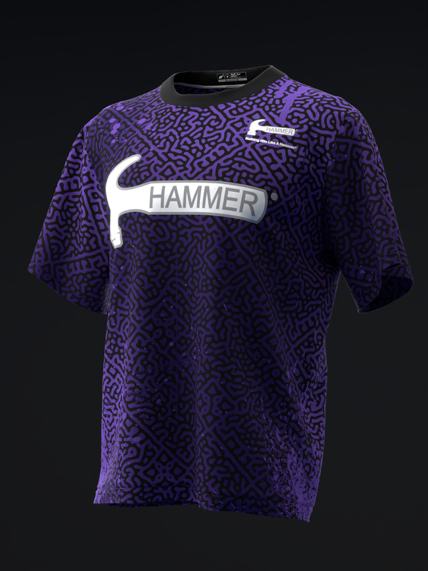 Purple bowling jersey with black geometric pattern and white Hammer logo front view