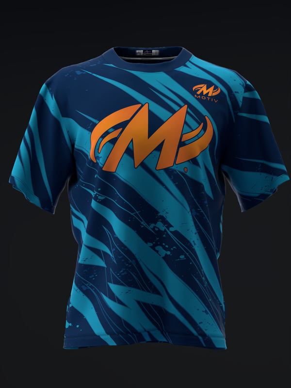 Blue bowling jersey with orange Motiv logo and abstract brush stroke pattern