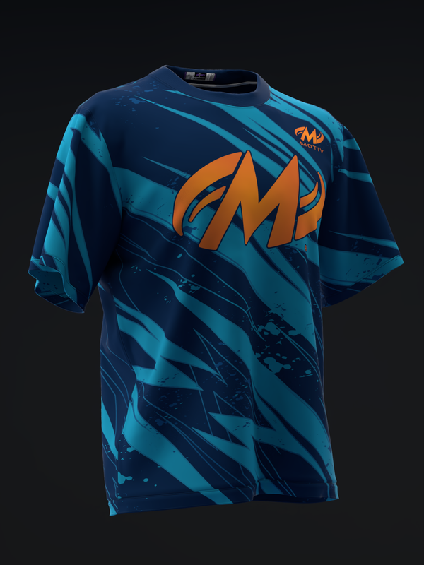 Navy and turquoise bowling jersey with orange Motiv logo graphic, front view