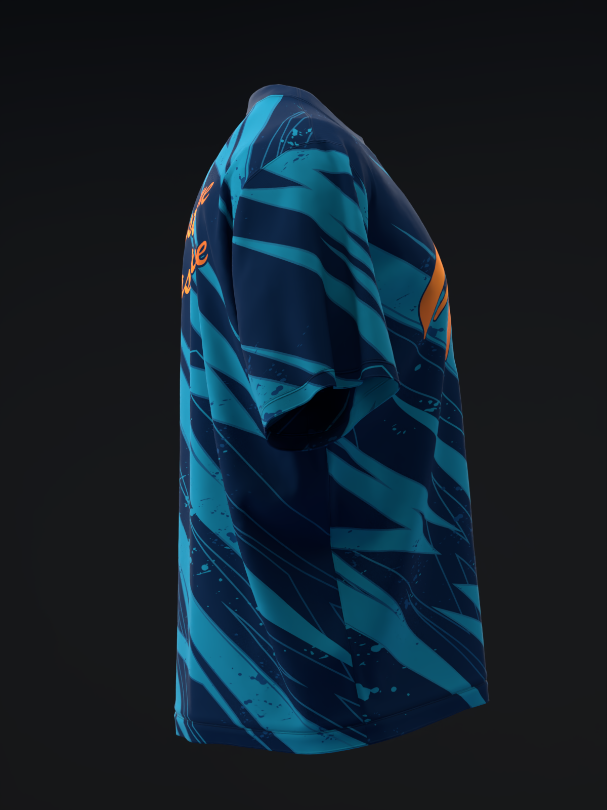 Bowling jersey with cyan and navy diagonal striped pattern and orange accent details