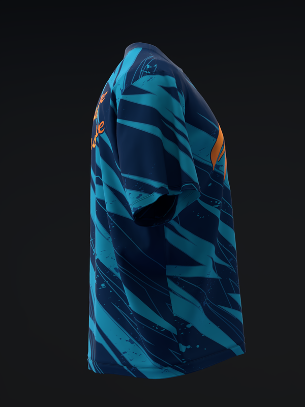 Bowling jersey with cyan and navy diagonal striped pattern and orange accent details