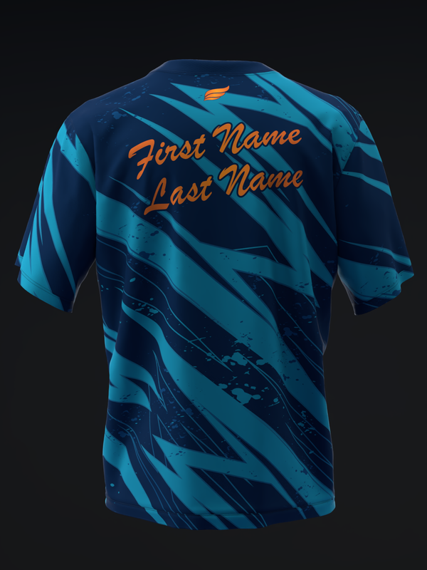 Navy and turquoise bowling jersey with abstract striped pattern and orange text