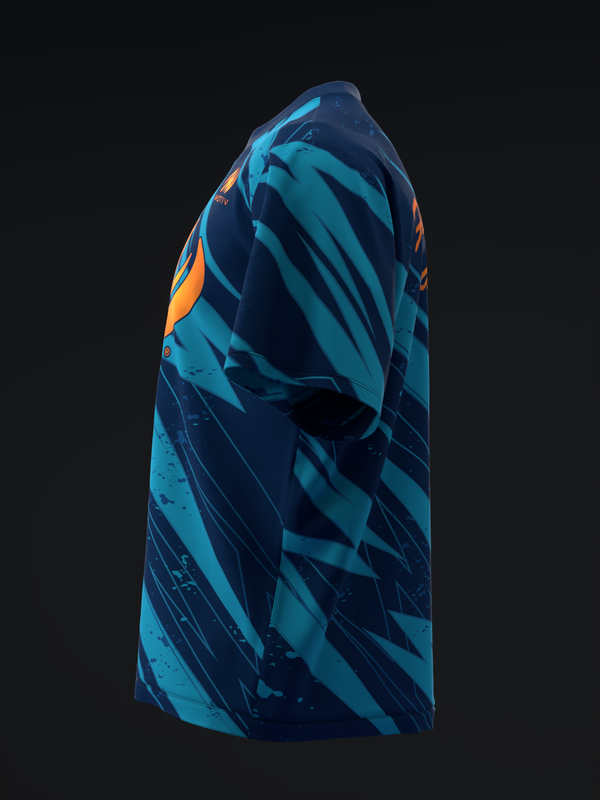 Navy bowling jersey with cyan and orange geometric pattern, side view