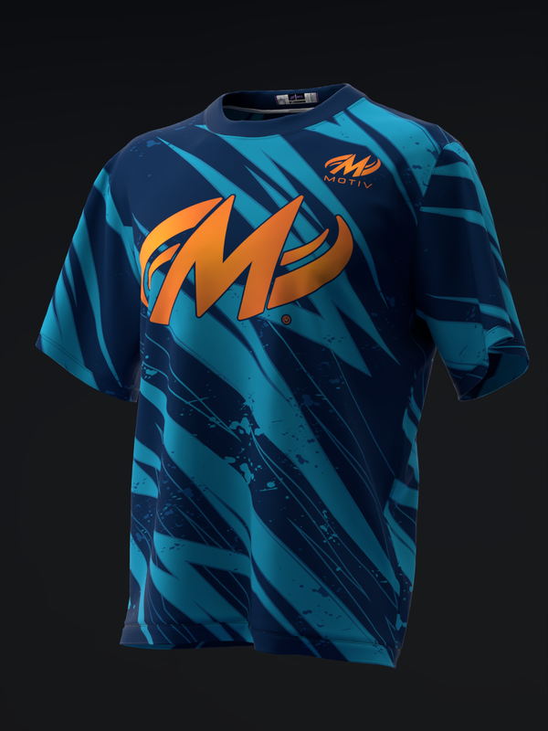 Blue bowling jersey with orange Motiv logo and diagonal stripe pattern, front view
