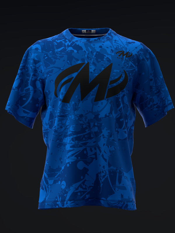 Blue bowling jersey with all-over abstract pattern and black graphic logo on front
