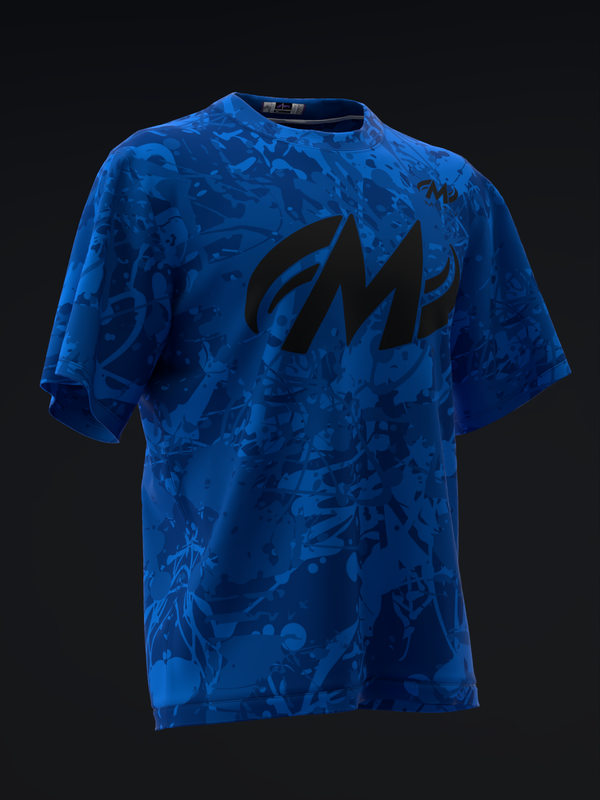 Blue bowling jersey with abstract black graphic and all-over textured pattern, front view