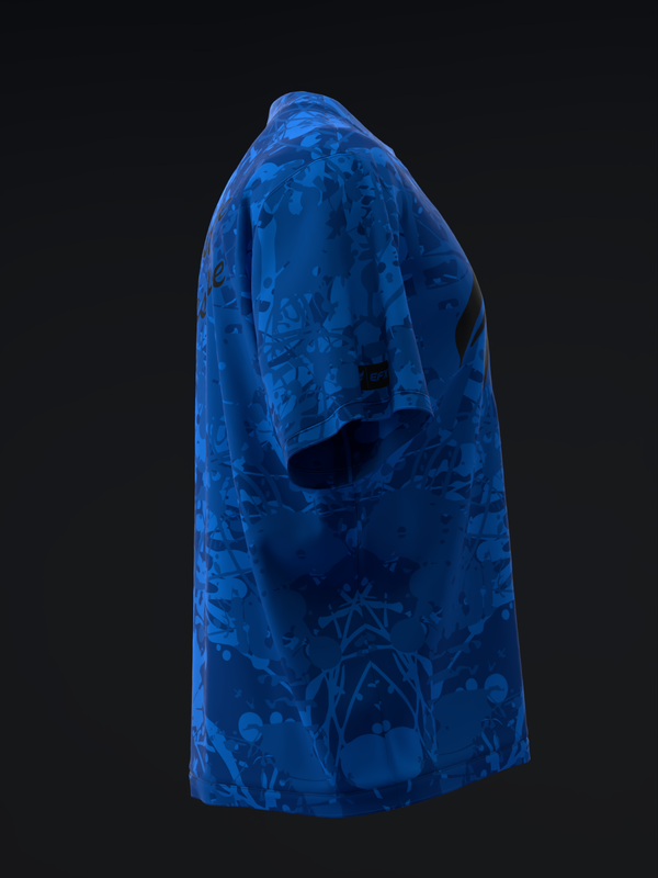 Blue bowling jersey with all-over abstract geometric and nature pattern, side view