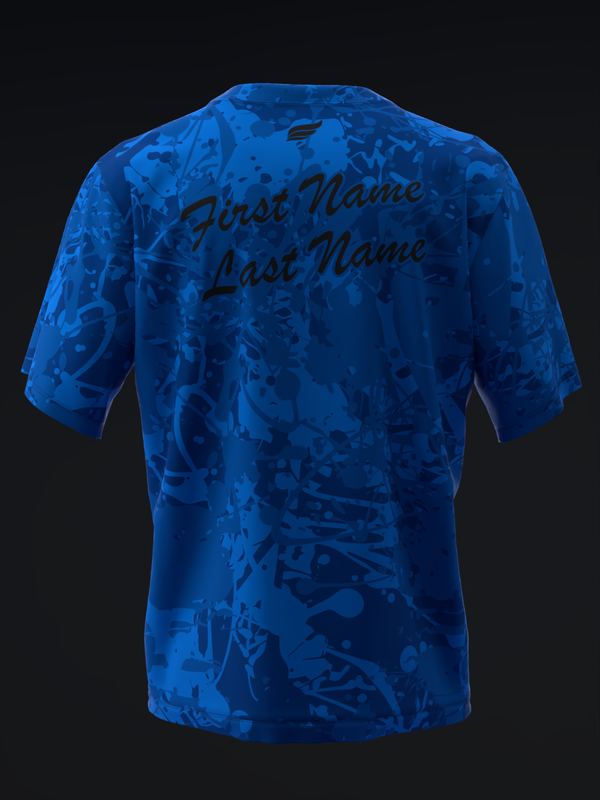 Blue bowling jersey with abstract splatter pattern, back view with personalized text
