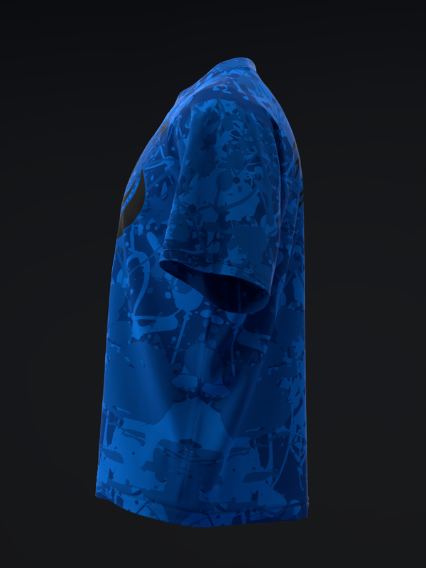 Blue bowling jersey with abstract geometric pattern, side view
