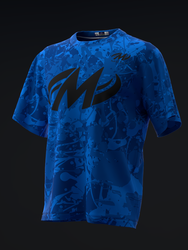 Blue bowling jersey with all-over abstract pattern and dark graphic logo on front