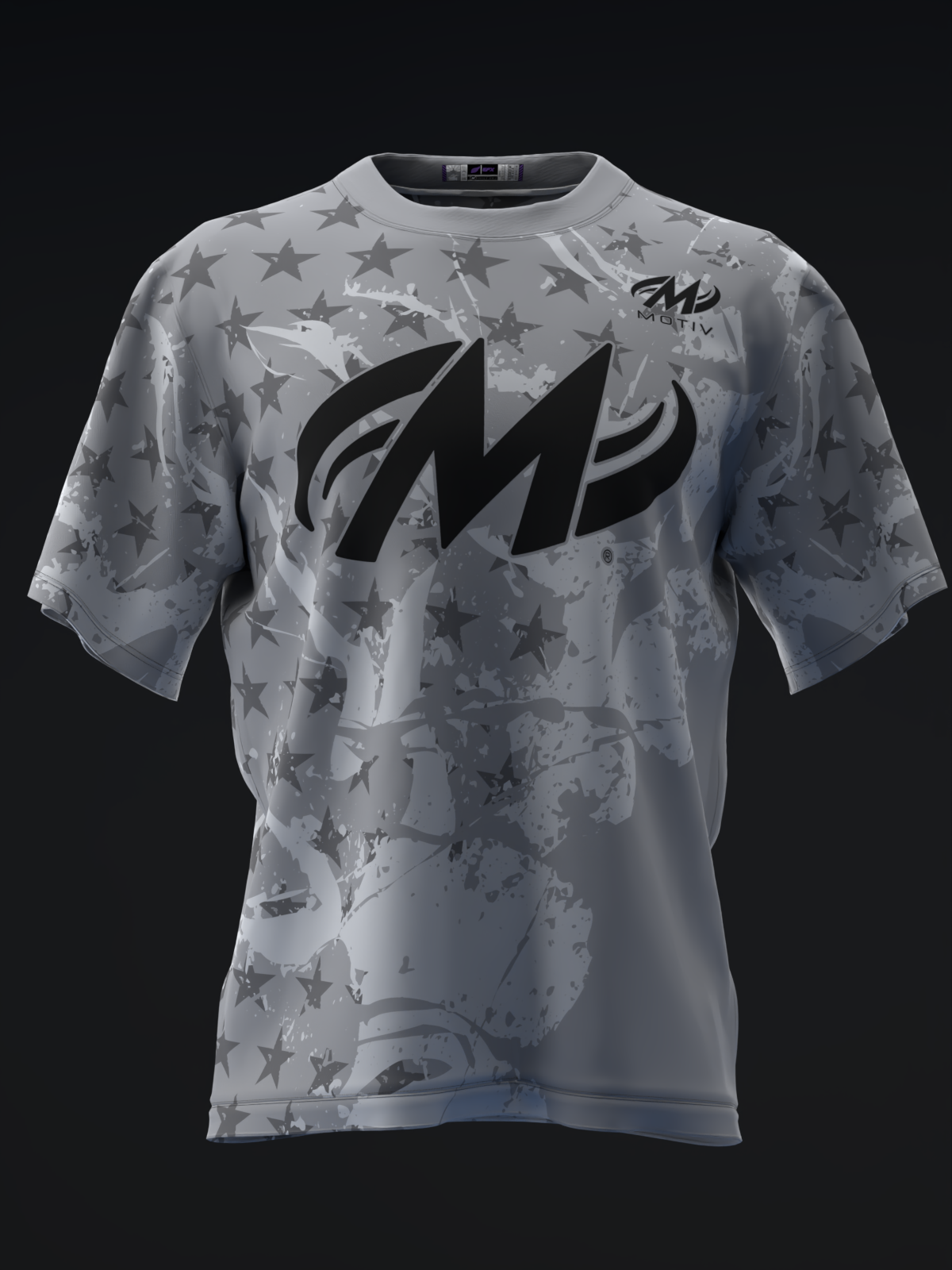 Light gray bowling jersey with all-over star pattern and black logo graphic front view