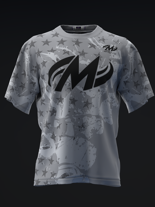Light gray bowling jersey with all-over star pattern and black logo graphic front view
