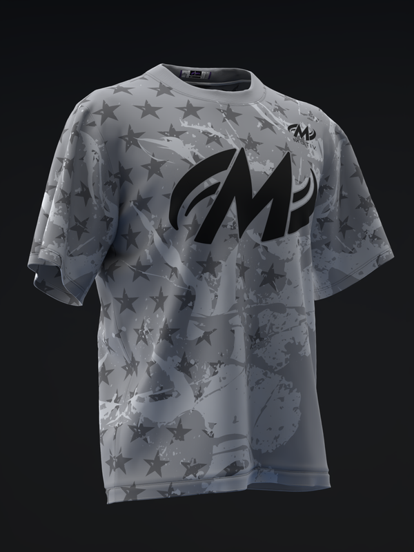 Gray bowling jersey with all-over star pattern and black Motiv logo