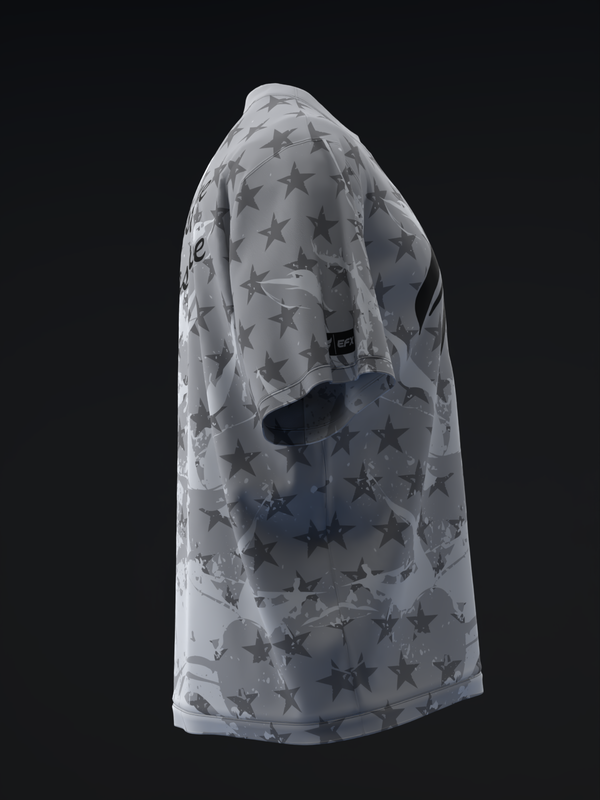 Light gray bowling jersey with all-over dark gray star pattern, side view