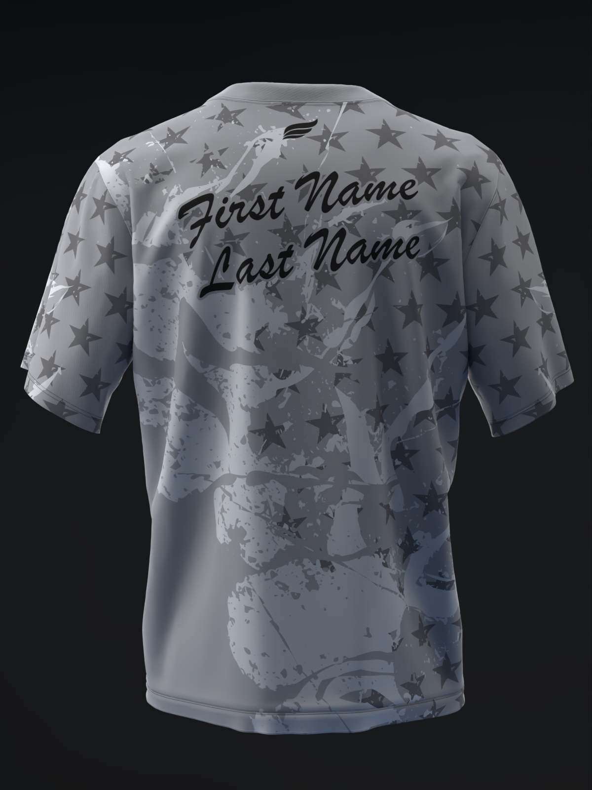 Gray bowling jersey with star pattern and personalized name text on back
